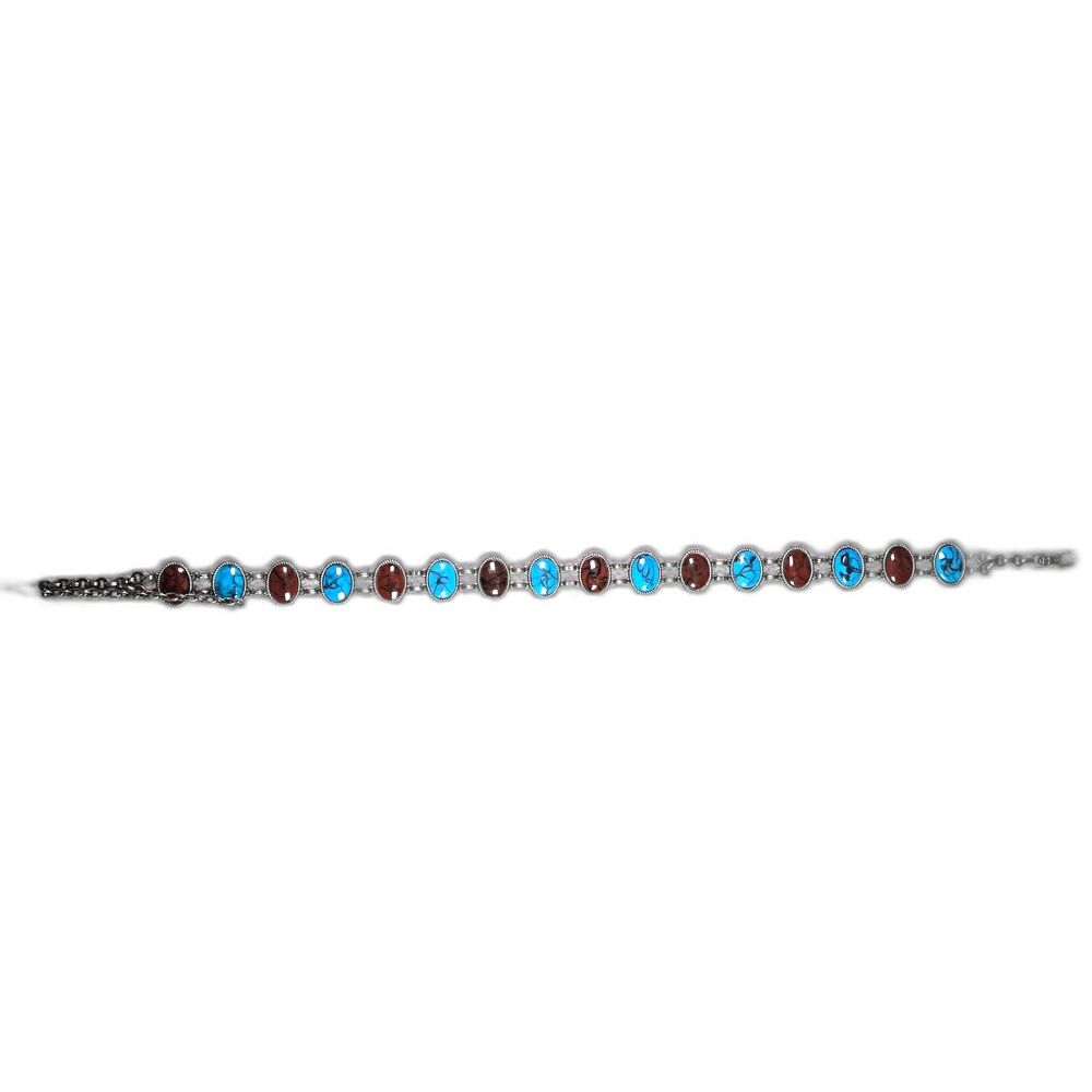 Concho Belt Turquoise Brown Stone Silver Tone Chain Western Boho Adjustable 40in